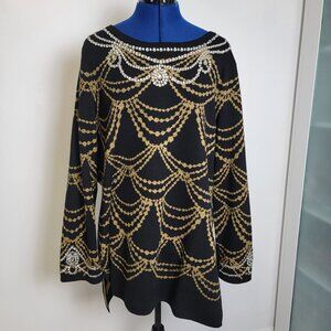 Isaac Mizrahi Live Womens Black/Gold Diamond-cut Beads Long Sleeve Sweater 1X